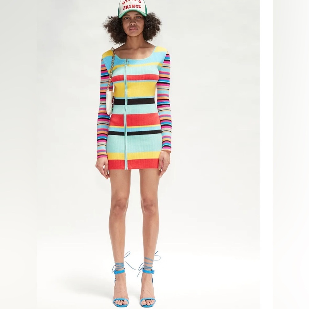 ANDERSSON BELL Womens Multi Stripe Zip Up Knit Mini Dress XS New Barbie Unique